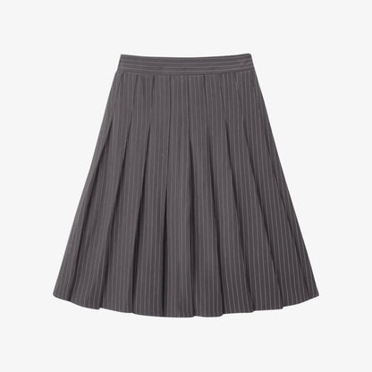 Pinstripe 4-Piece Autumn Set — Slip Dress, Knit Mockneck, Cable Knit, and Pleated Skirt