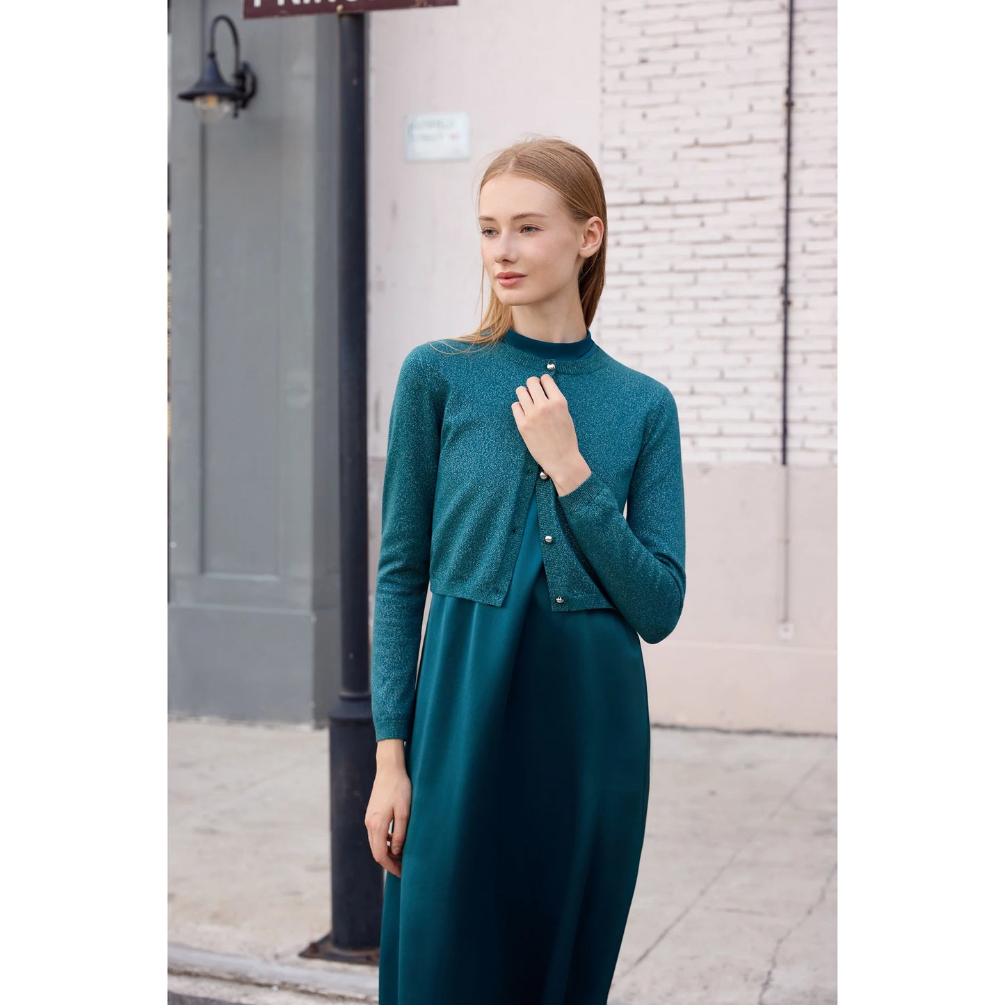 3-Piece Satin Maxi Dress Set – Mesh Inner Top + Modal Shirt + Shimmer Cardigan