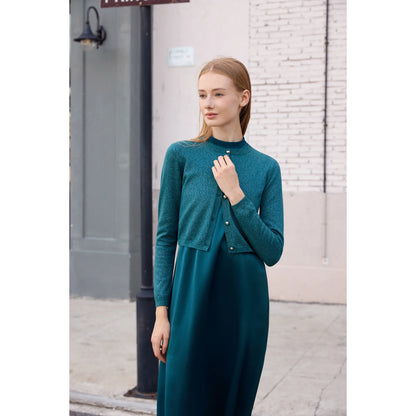 3-Piece Satin Maxi Dress Set – Mesh Inner Top + Modal Shirt + Shimmer Cardigan