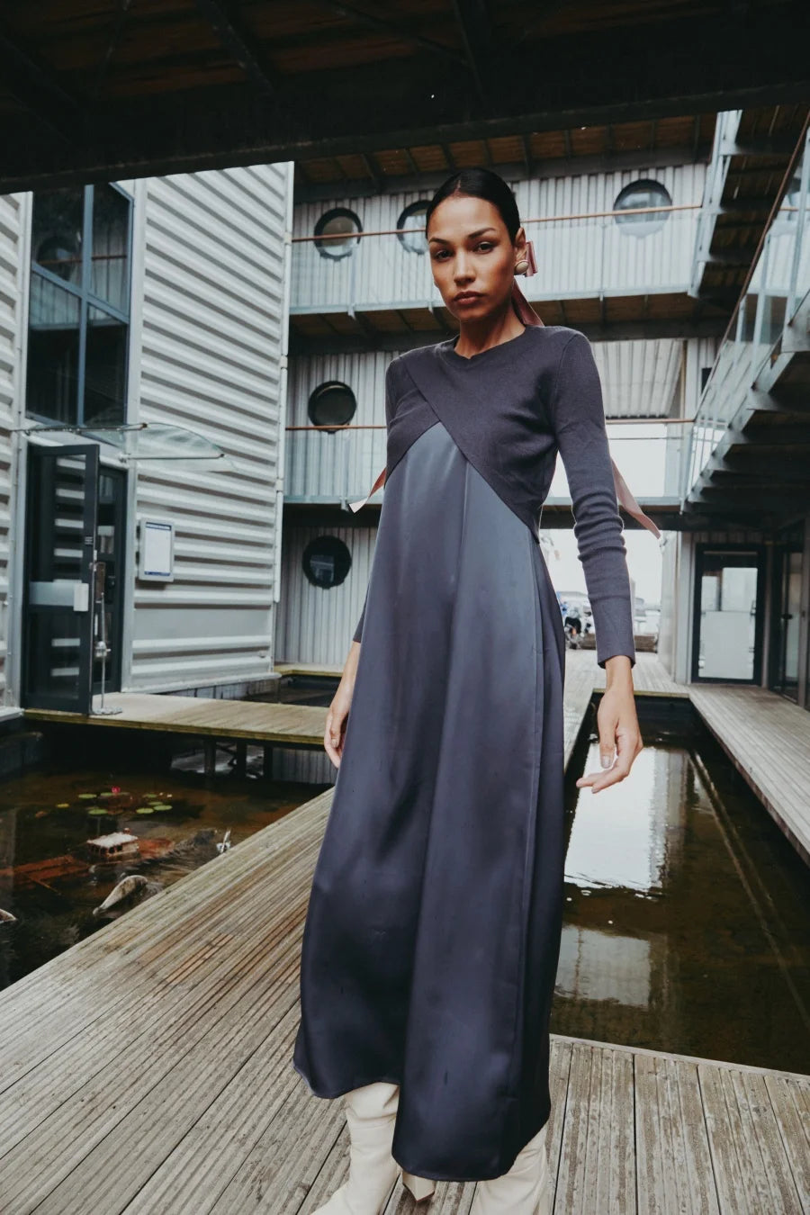 Satin Slip Dress + Knit Cross Top Set (Adjustable Maxi Length)