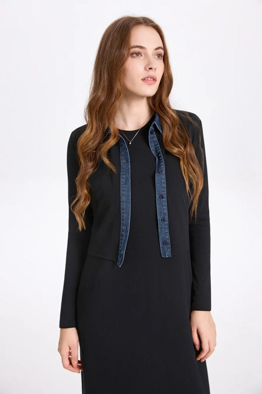 Ribbed Cardigan with Denim Collar + Sleeveless Maxi Dress Set