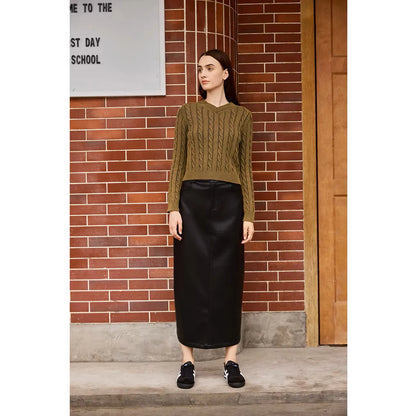 3-Piece Knit Sweater Set – Cable Knit Top + Stretch Skirt + Leather Skirt Option