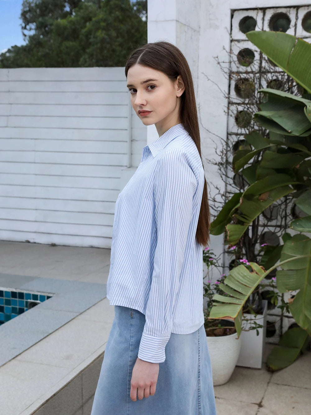 Printed Cotton Blouse & Denim Maxi Skirt Set – Sleeveless Modest Fit