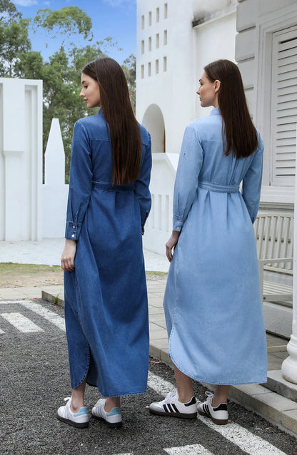Denim Modest Maxi Shirt Dress – Belted Waist