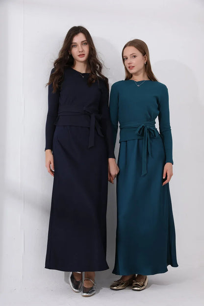 2-Piece Ribbed Wrap Top + Satin Slip Maxi Dress Set (Autumn Edition)