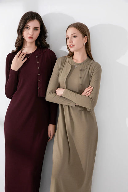 Ribbed Cardigan + Ankle-Length Maxi Dress Set (Natural Fiber Blend)