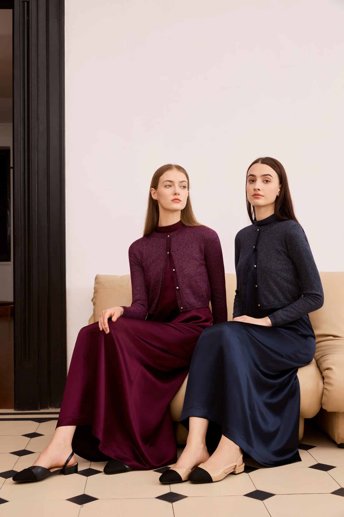 3-Piece Satin Maxi Dress Set – Mesh Inner Top + Modal Shirt + Shimmer Cardigan