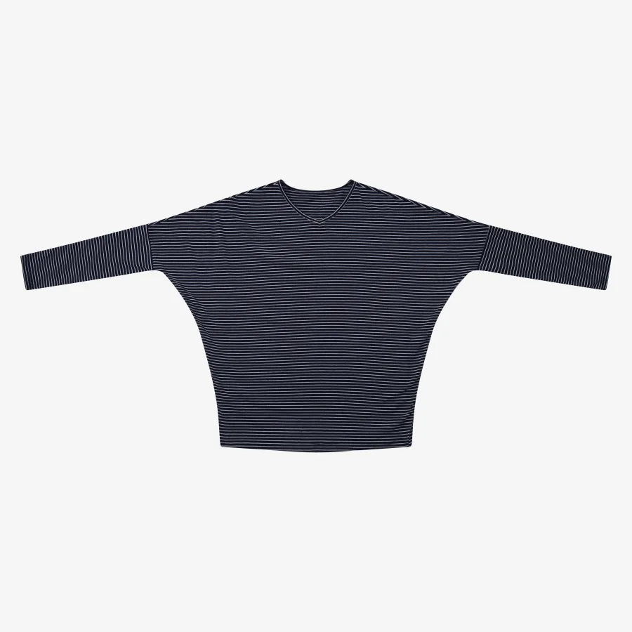 Striped Ribbed V-Neck Top with Batwing Sleeves
