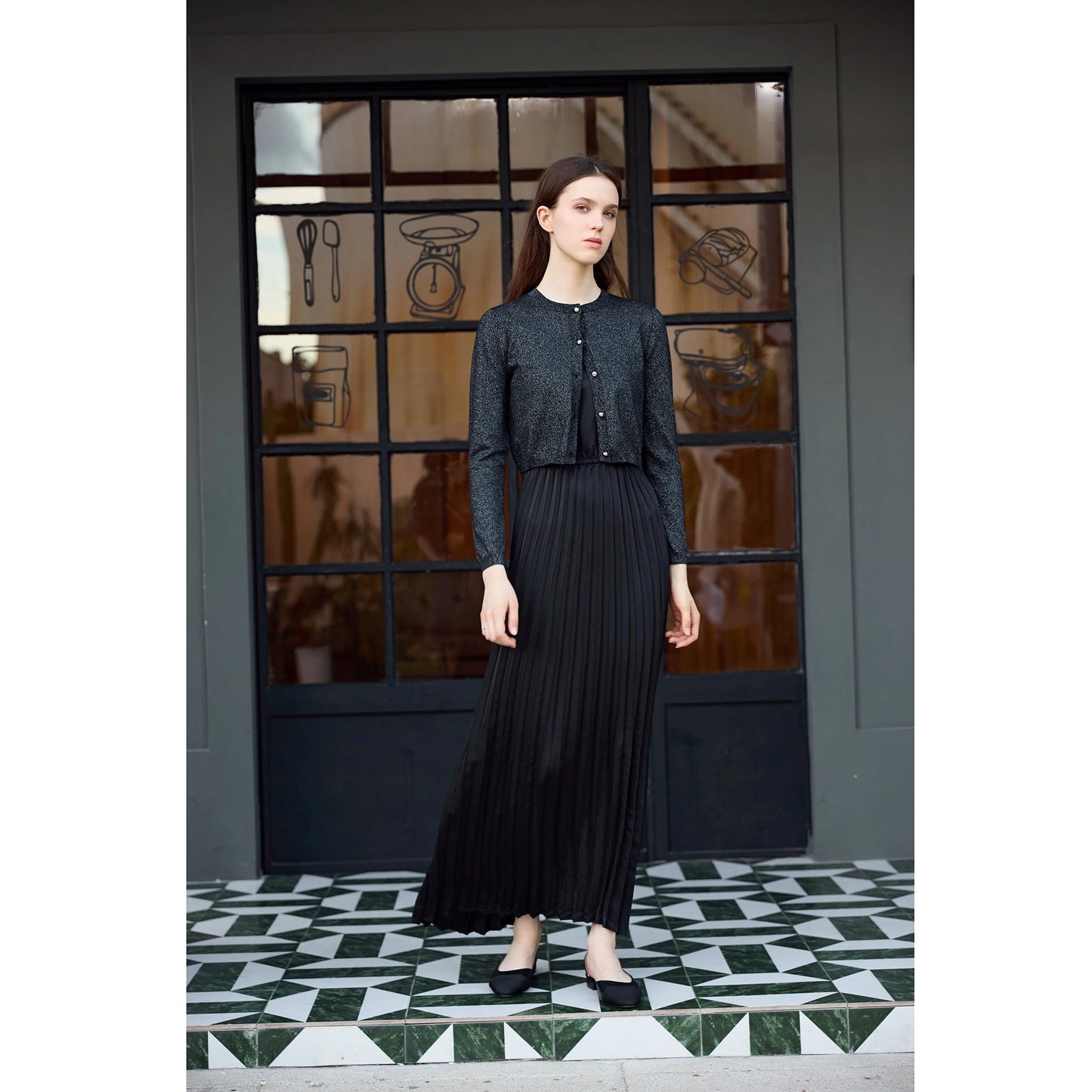 2-Piece Satin Pleated Slip Dress with Shimmer Cardigan