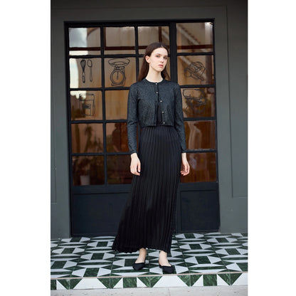 2-Piece Satin Pleated Slip Dress with Shimmer Cardigan