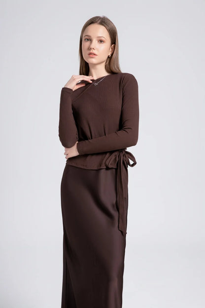 2-Piece Ribbed Wrap Top + Satin Slip Maxi Dress Set (Autumn Edition)