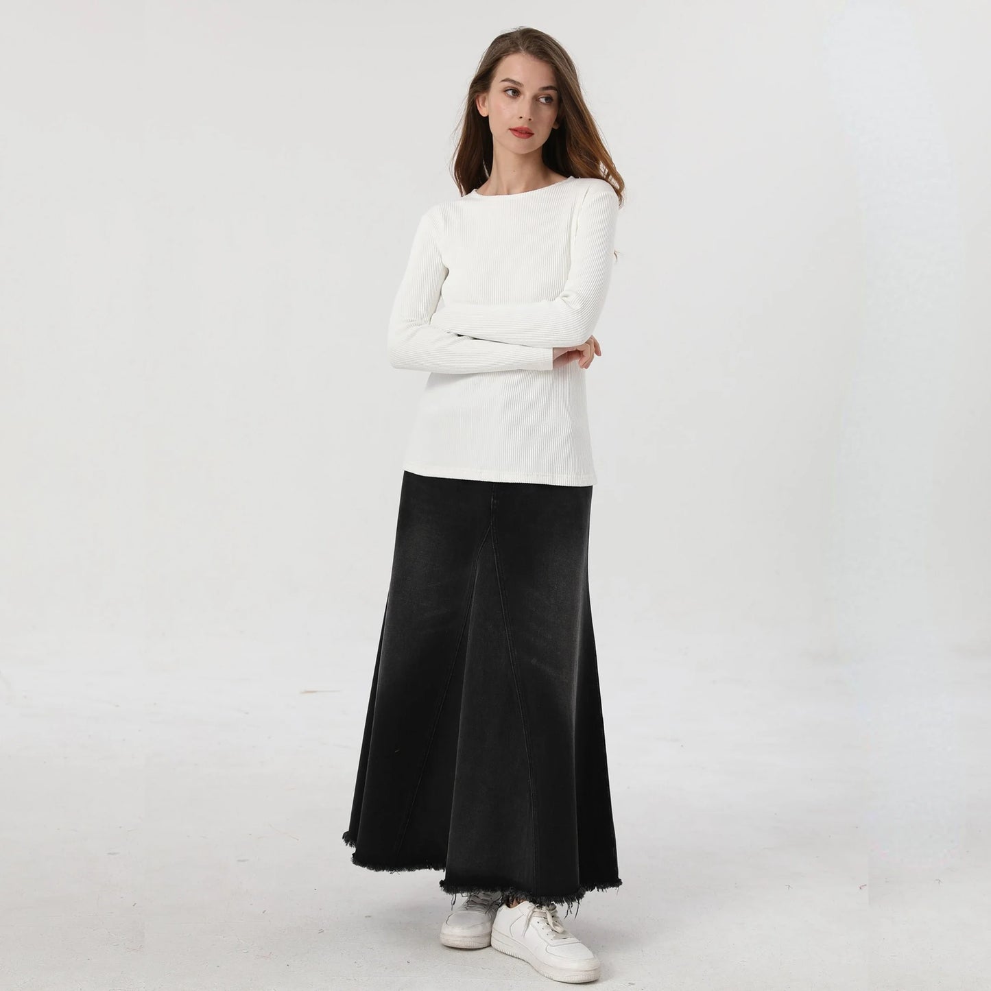 Ribbed Tee & Denim Maxi Skirt Set – Contrast Round Neck Modest Fit