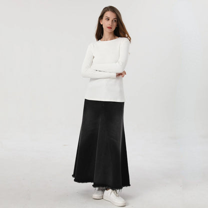 Ribbed Tee & Denim Maxi Skirt Set – Contrast Round Neck Modest Fit