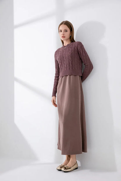 2-Piece Cable Knit Top + Cupro Slip Maxi Dress Set